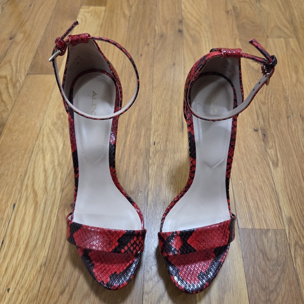 Aldo Womens  Open Toe Sexy Red Snakeskin 5" Stilettos Ankle Strap US 7.5 - Picture 5 of 12
